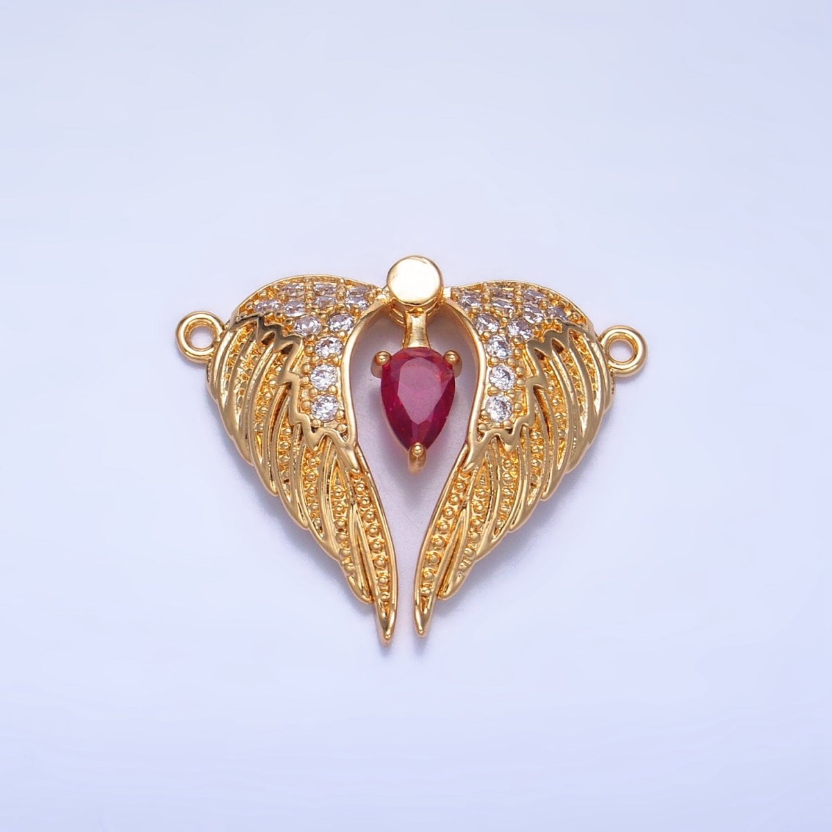 24K Gold plated Red CZ Micro Paved Feather Wings Connector | F712 - DLUXCA
