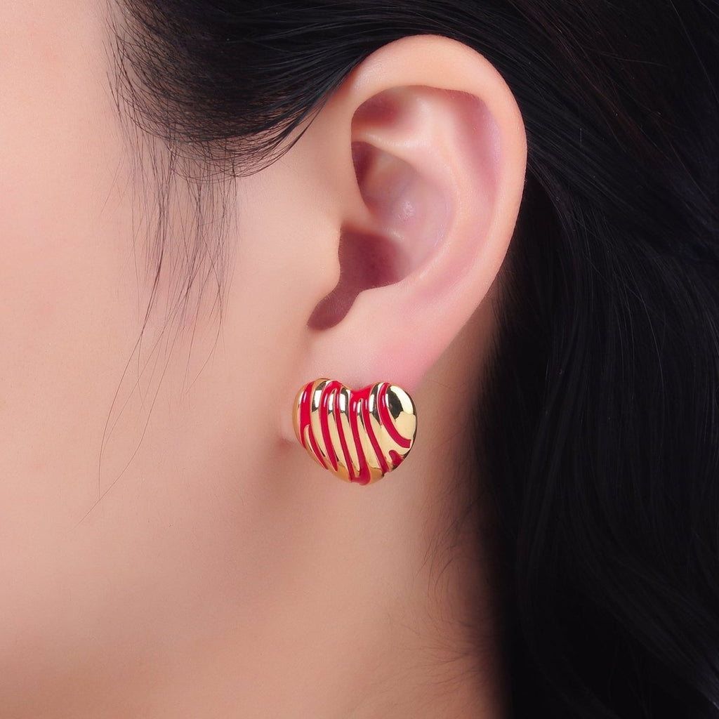 24K Gold plated Red Enamel Lined Heart Stud Earrings | AB923 