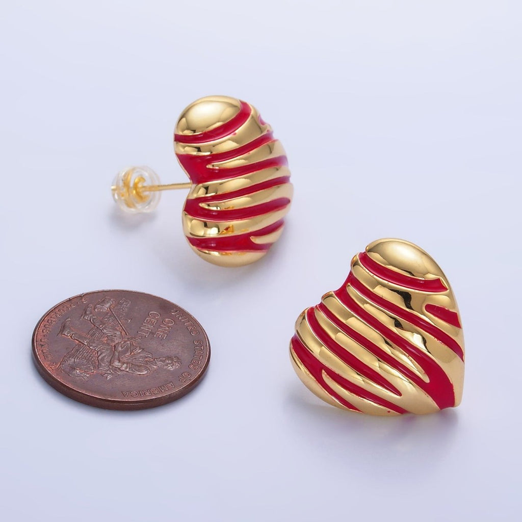 24K Gold plated Red Enamel Lined Heart Stud Earrings | AB923 