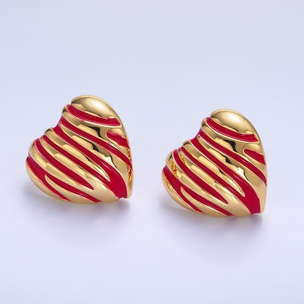 24K Gold plated Red Enamel Lined Heart Stud Earrings | AB923 