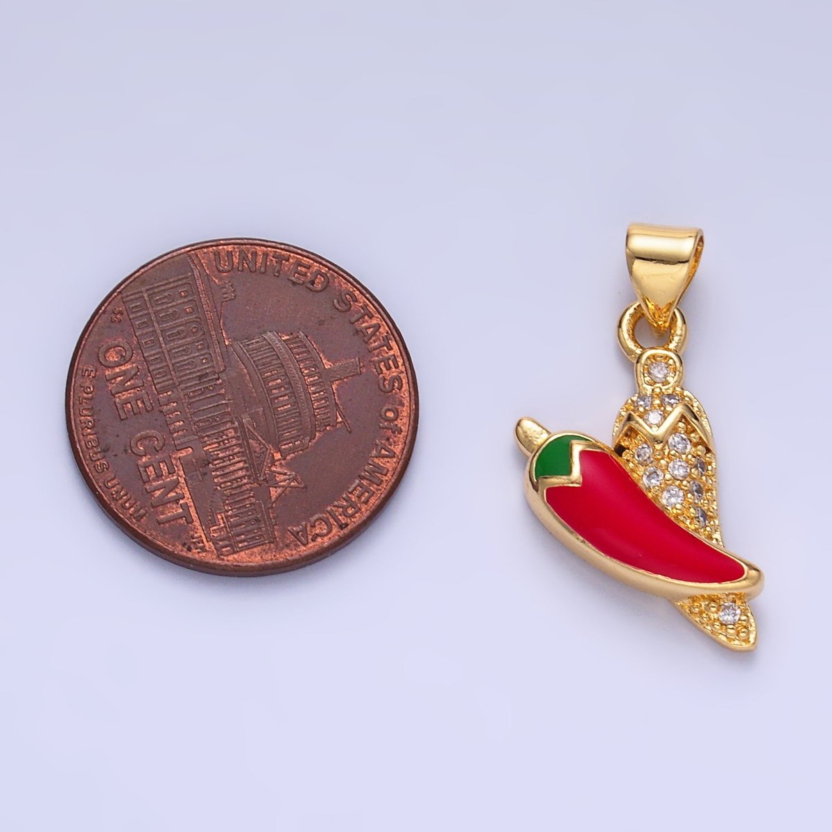 24K Gold plated Red Enamel Micro Paved CZ Chili Pepper Pendant | AA1153 - DLUXCA