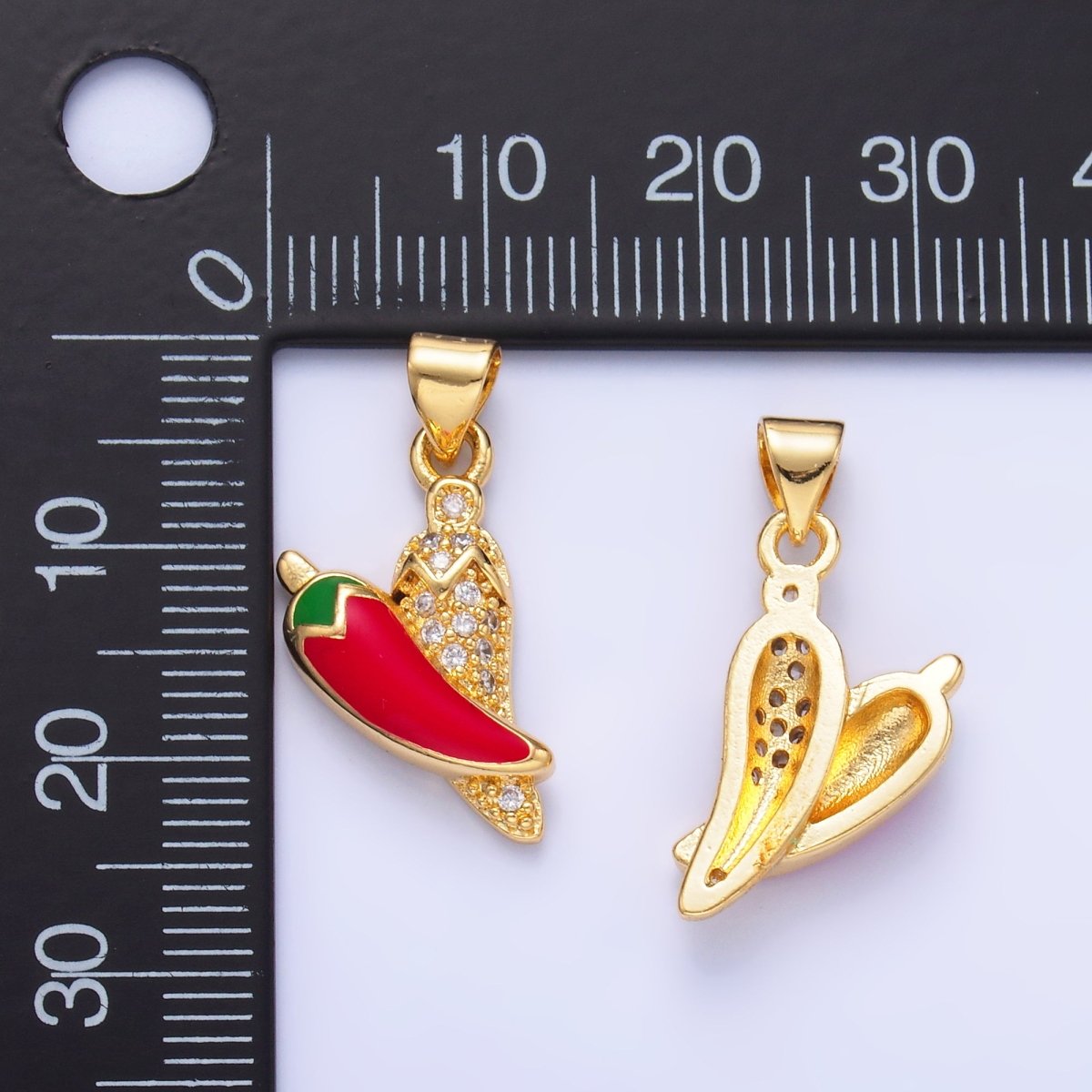 24K Gold plated Red Enamel Micro Paved CZ Chili Pepper Pendant | AA1153 - DLUXCA