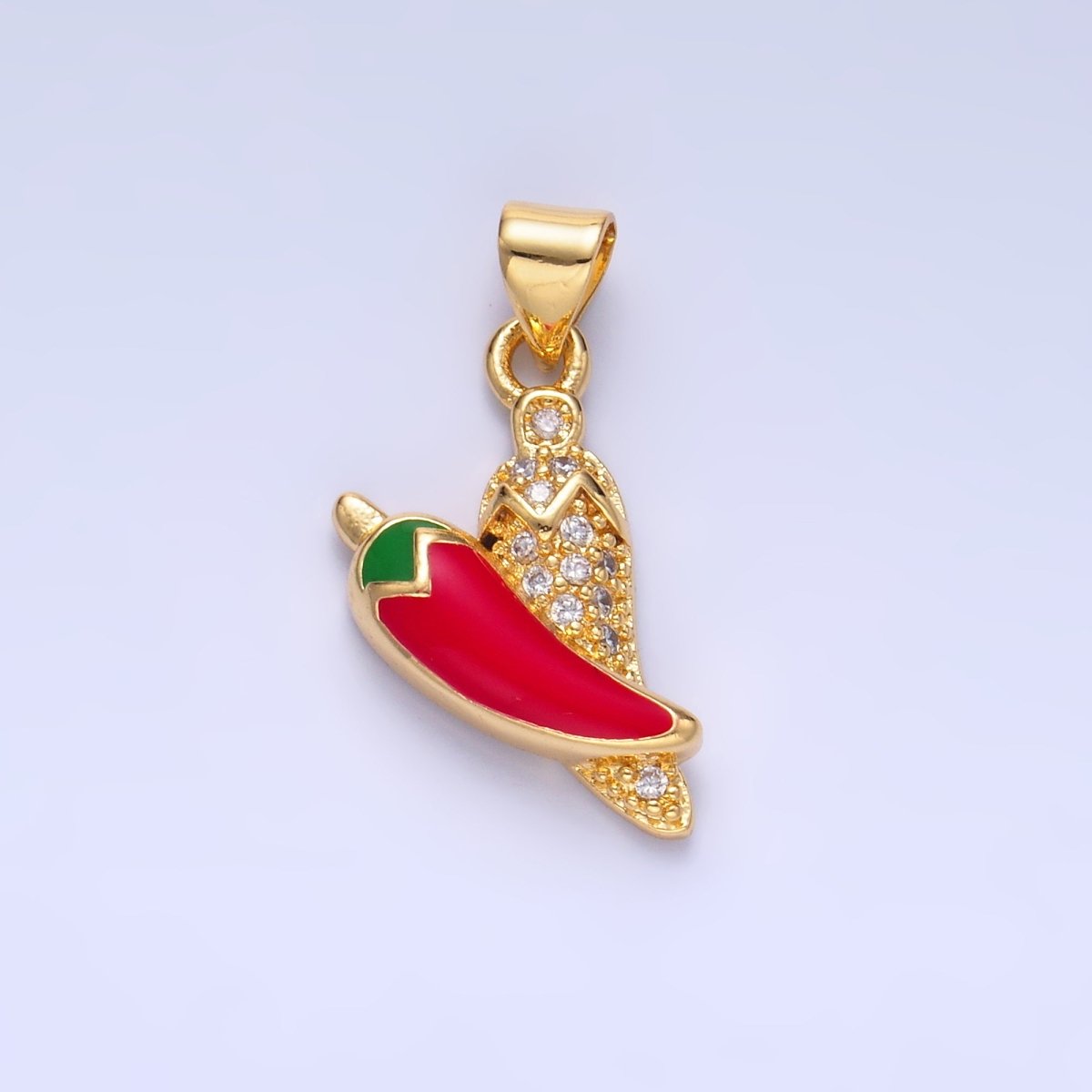 24K Gold plated Red Enamel Micro Paved CZ Chili Pepper Pendant | AA1153 - DLUXCA