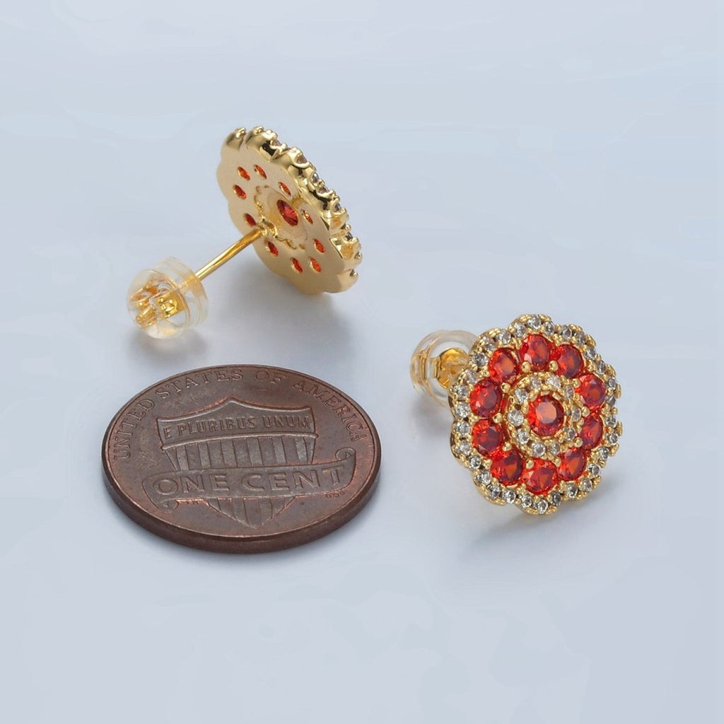 24k Gold plated Red Flower Micro Paved CZ Stud Earrings | AD753 - DLUXCA