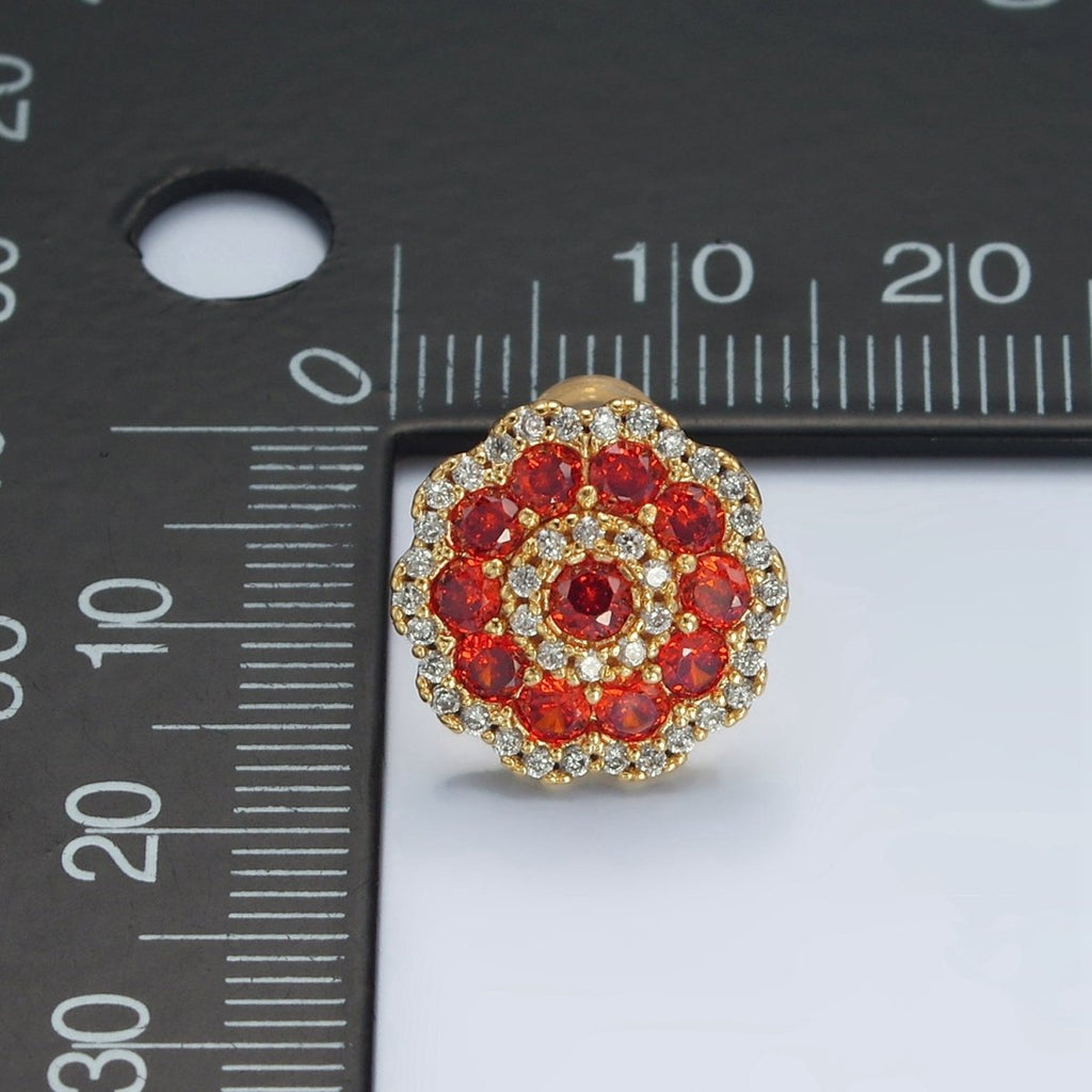 24k Gold plated Red Flower Micro Paved CZ Stud Earrings | AD753 - DLUXCA