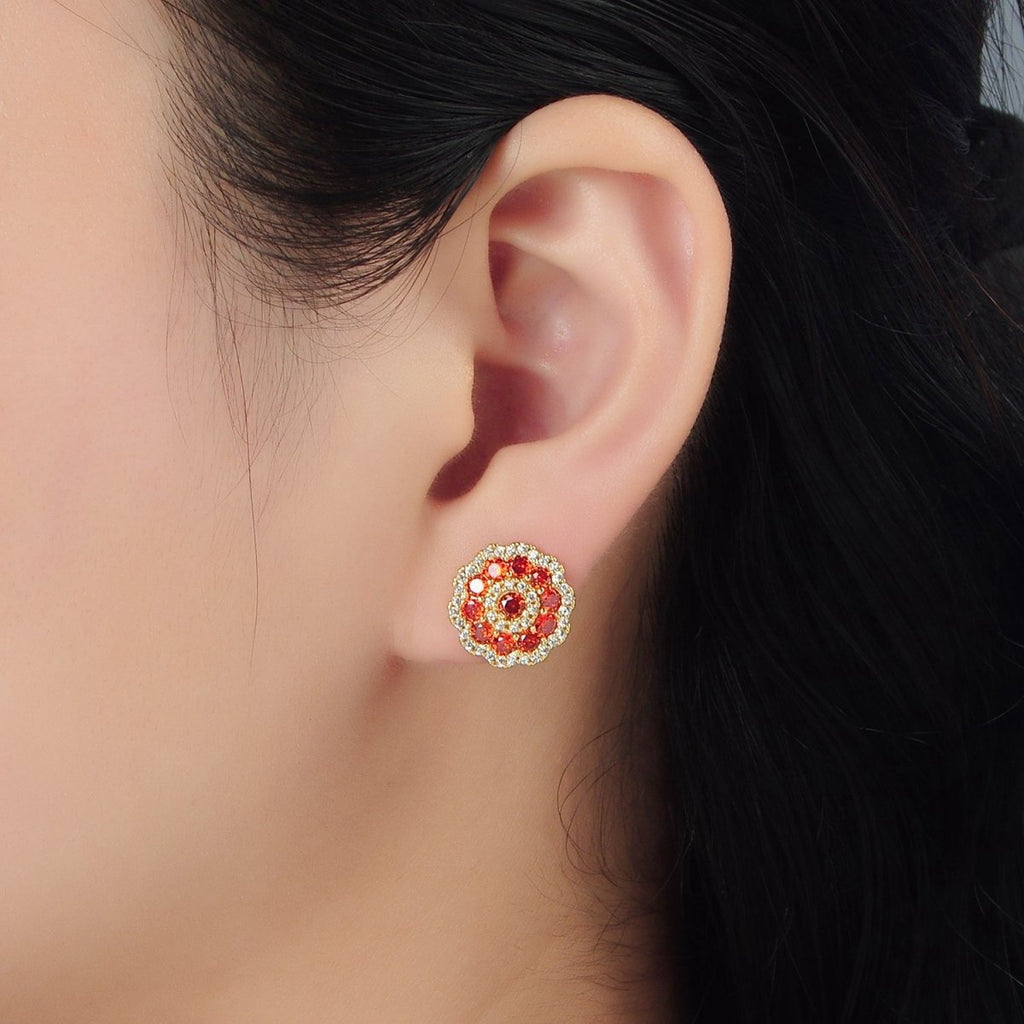 24k Gold plated Red Flower Micro Paved CZ Stud Earrings | AD753 - DLUXCA