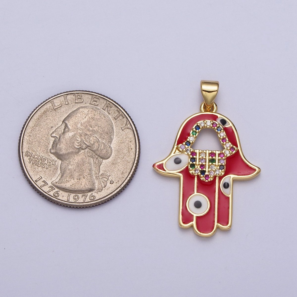 24K Gold plated Red Hamsa Hand Evil Eye Multicolor Micro Paved CZ Pendant H-303 - DLUXCA