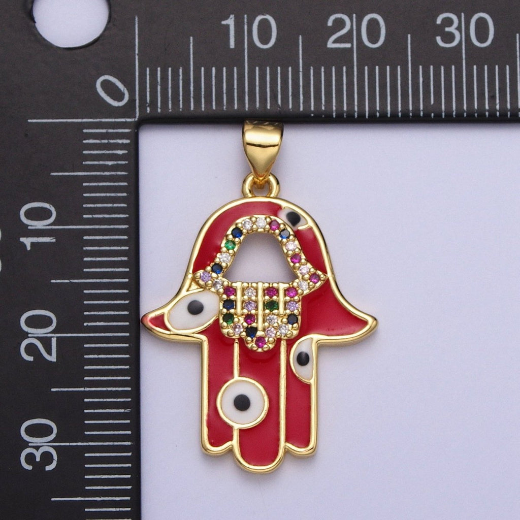 24K Gold plated Red Hamsa Hand Evil Eye Multicolor Micro Paved CZ Pendant H-303 - DLUXCA