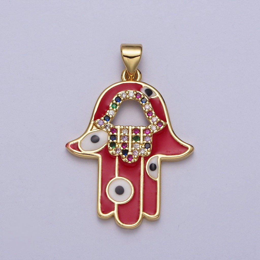 24K Gold plated Red Hamsa Hand Evil Eye Multicolor Micro Paved CZ Pendant H-303 - DLUXCA
