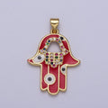 24K Gold plated Red Hamsa Hand Evil Eye Multicolor Micro Paved CZ Pendant H-303 - DLUXCA