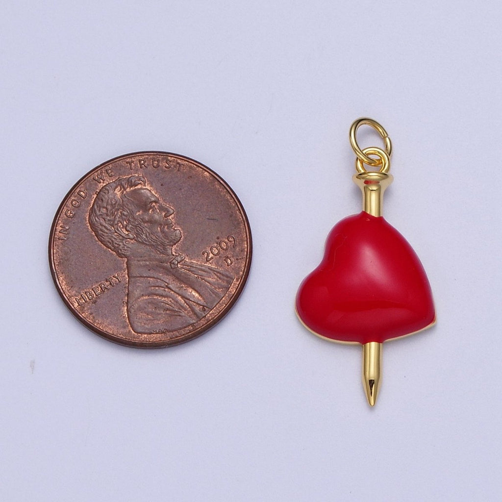 24K Gold plated Red Heart Enamel Stabbed Needle Charm For DIY Jewelry Making | X-731 - DLUXCA
