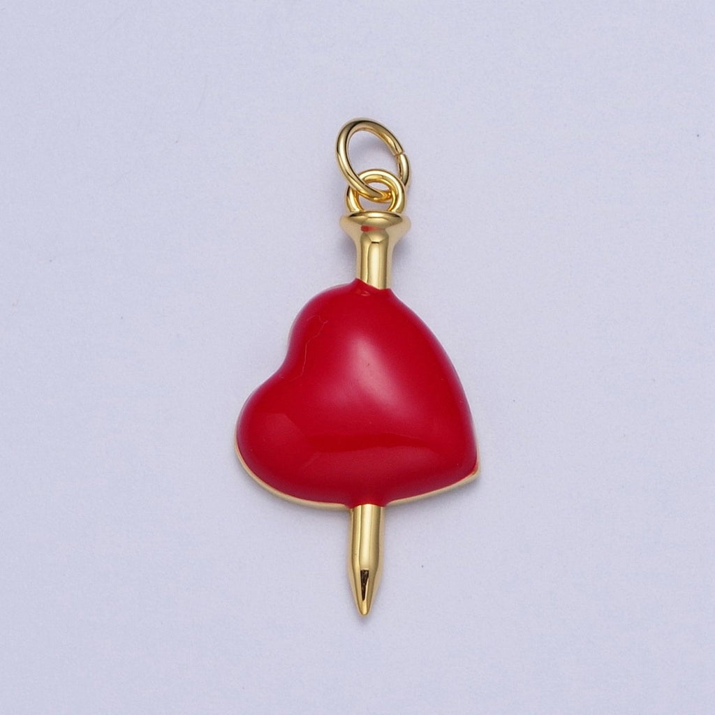 24K Gold plated Red Heart Enamel Stabbed Needle Charm For DIY Jewelry Making | X-731 - DLUXCA
