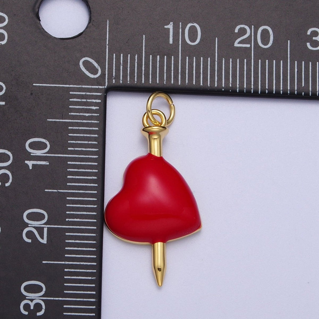 24K Gold plated Red Heart Enamel Stabbed Needle Charm For DIY Jewelry Making | X-731 - DLUXCA