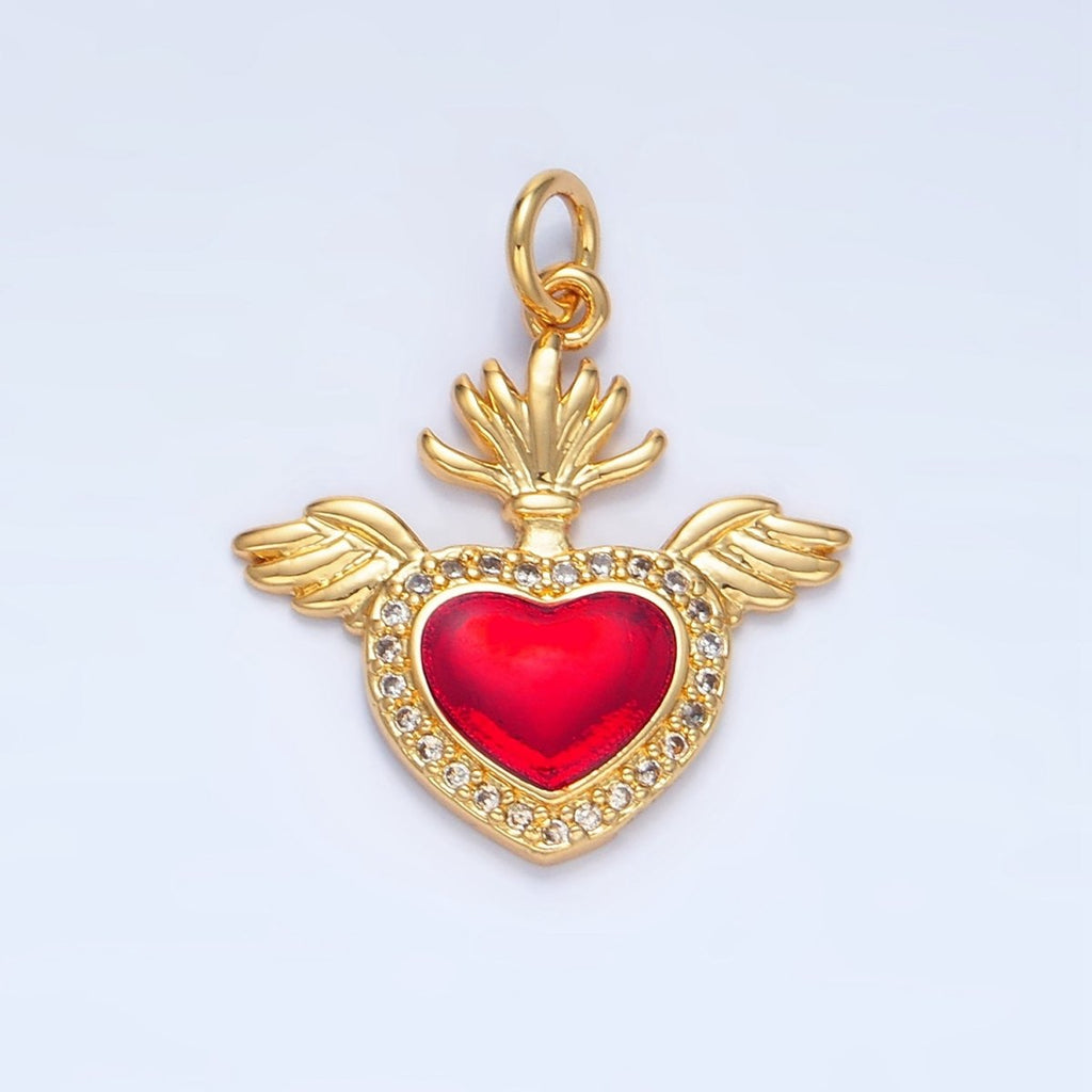 24K Gold plated Red Micro Paved CZ Sacred Heart Wings Charm | X866 - DLUXCA