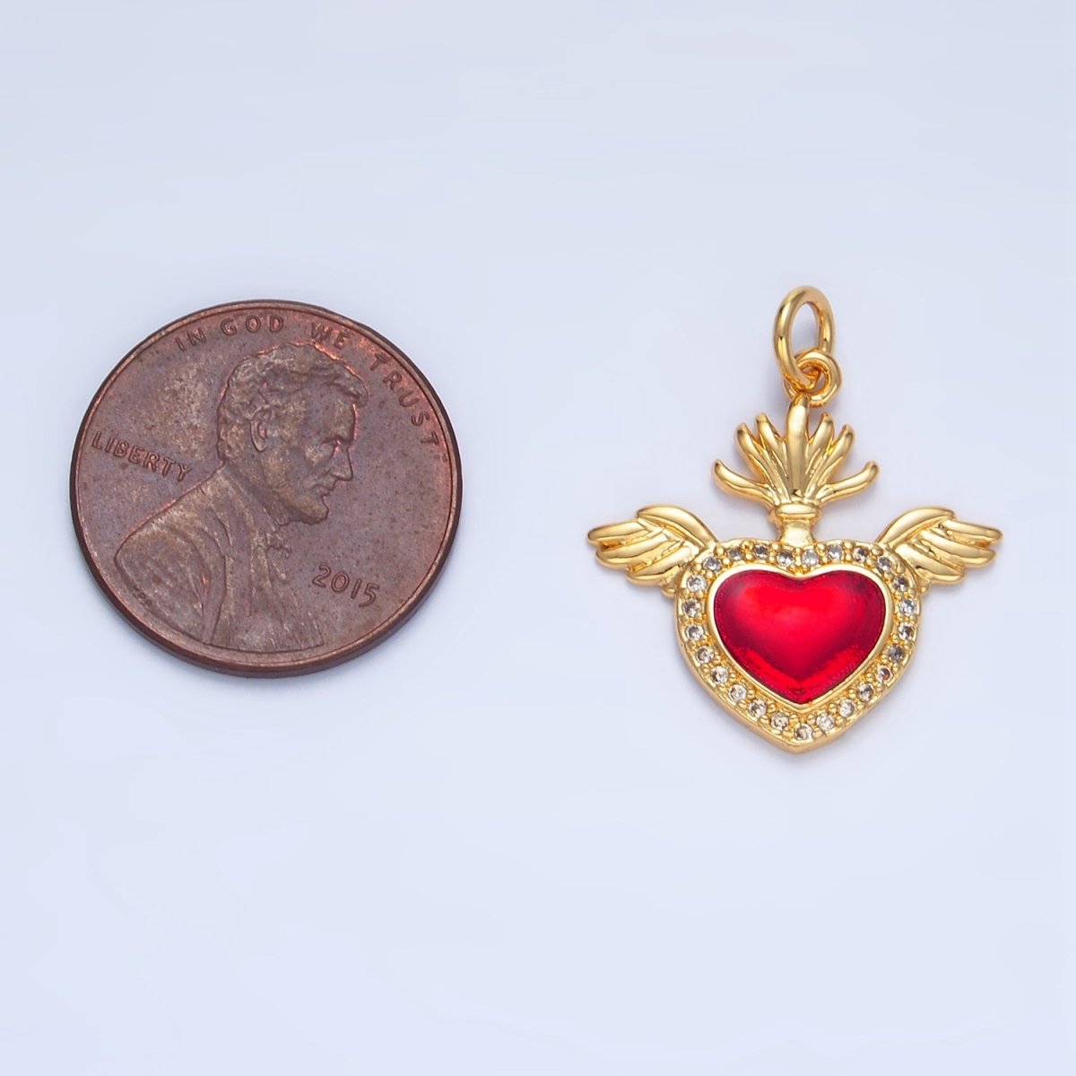 24K Gold plated Red Micro Paved CZ Sacred Heart Wings Charm | X866 - DLUXCA