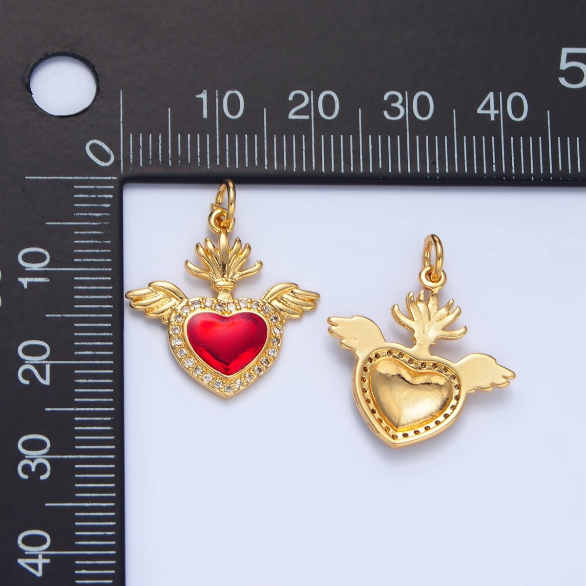 24K Gold plated Red Micro Paved CZ Sacred Heart Wings Charm | X866 - DLUXCA