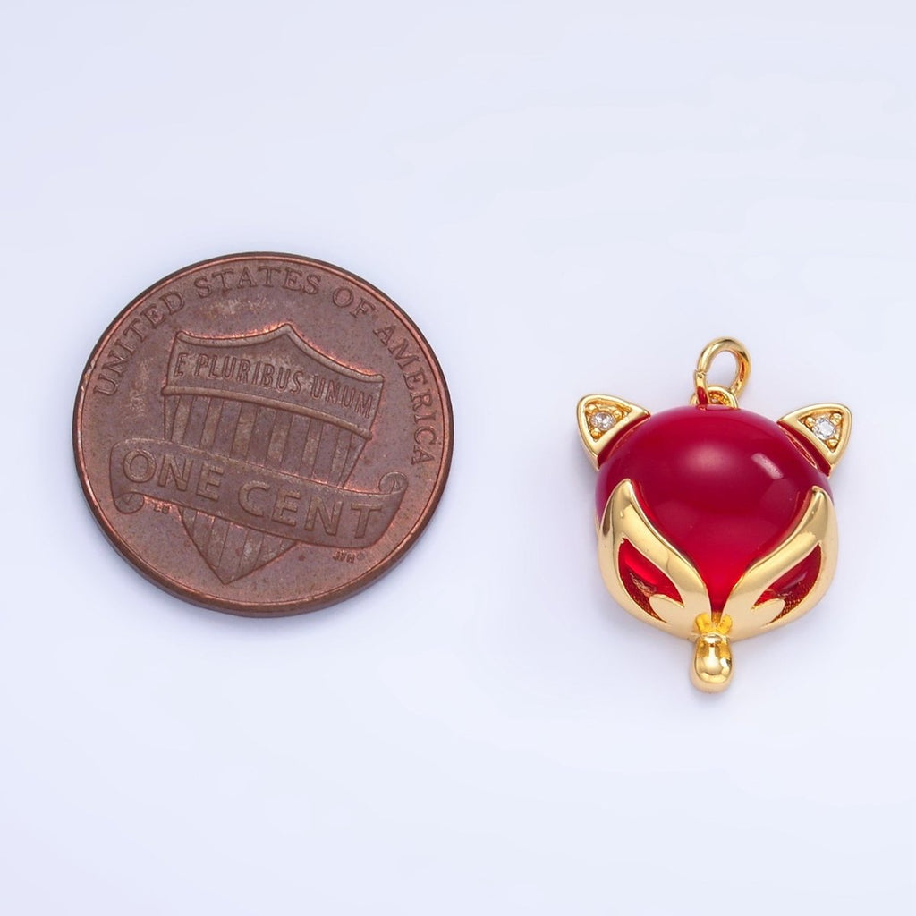 24K Gold plated Red, Pink Cats Eye Gemstone Micro Paved CZ Cat Charm | W108