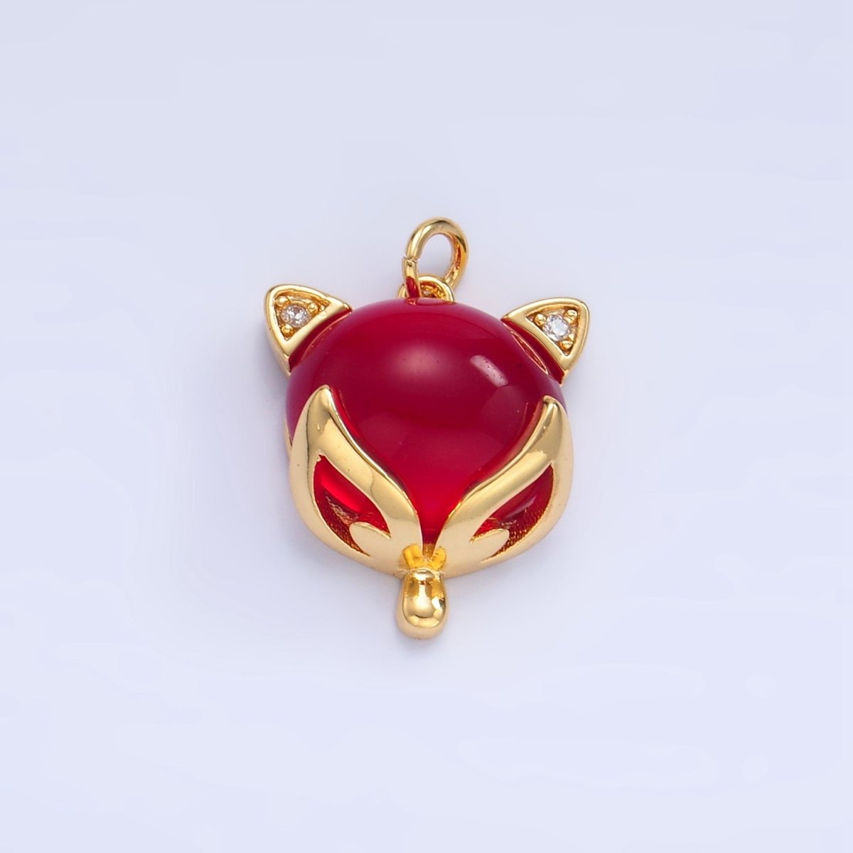 24K Gold plated Red, Pink Cats Eye Gemstone Micro Paved CZ Cat Charm | W108