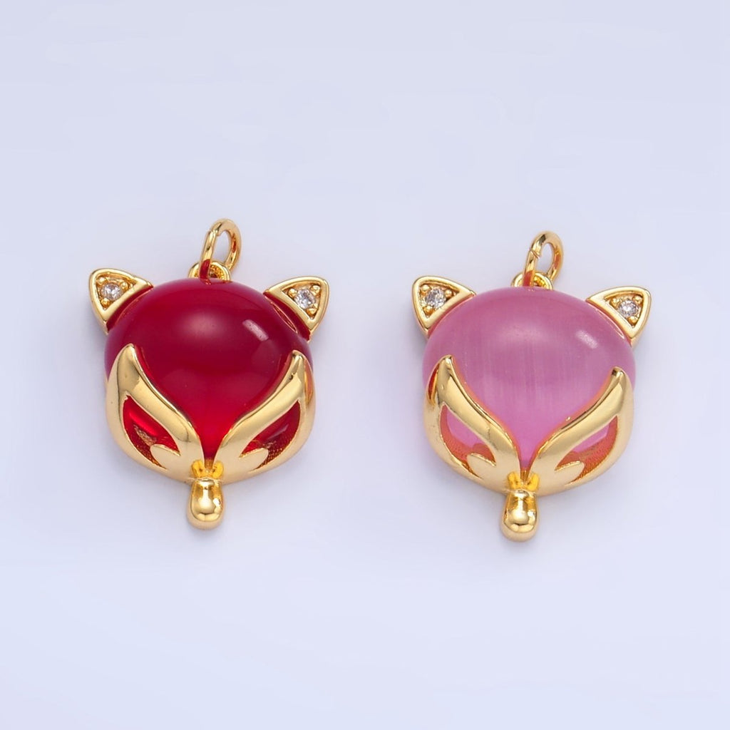 24K Gold plated Red, Pink Cats Eye Gemstone Micro Paved CZ Cat Charm | W108