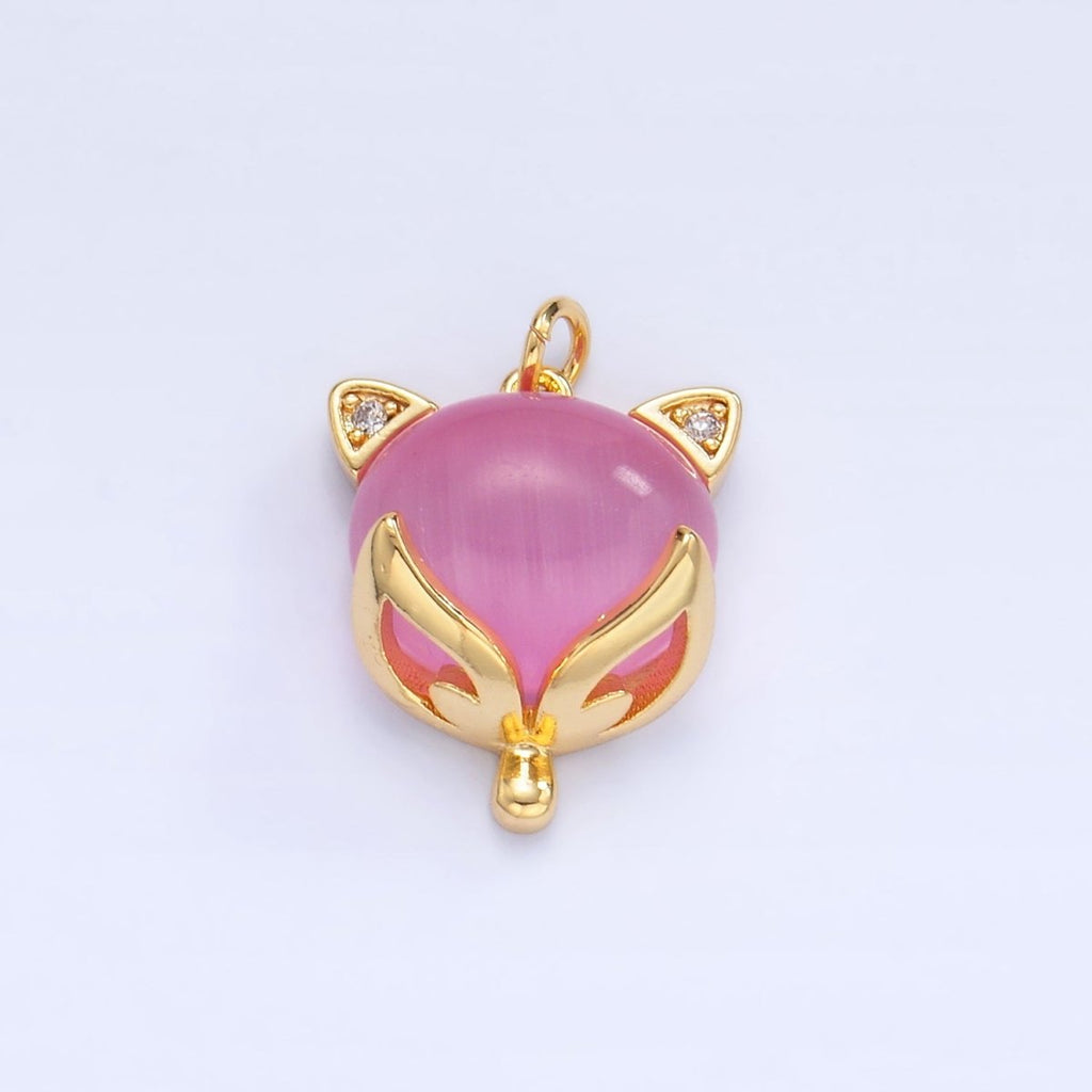 24K Gold plated Red, Pink Cats Eye Gemstone Micro Paved CZ Cat Charm | W108