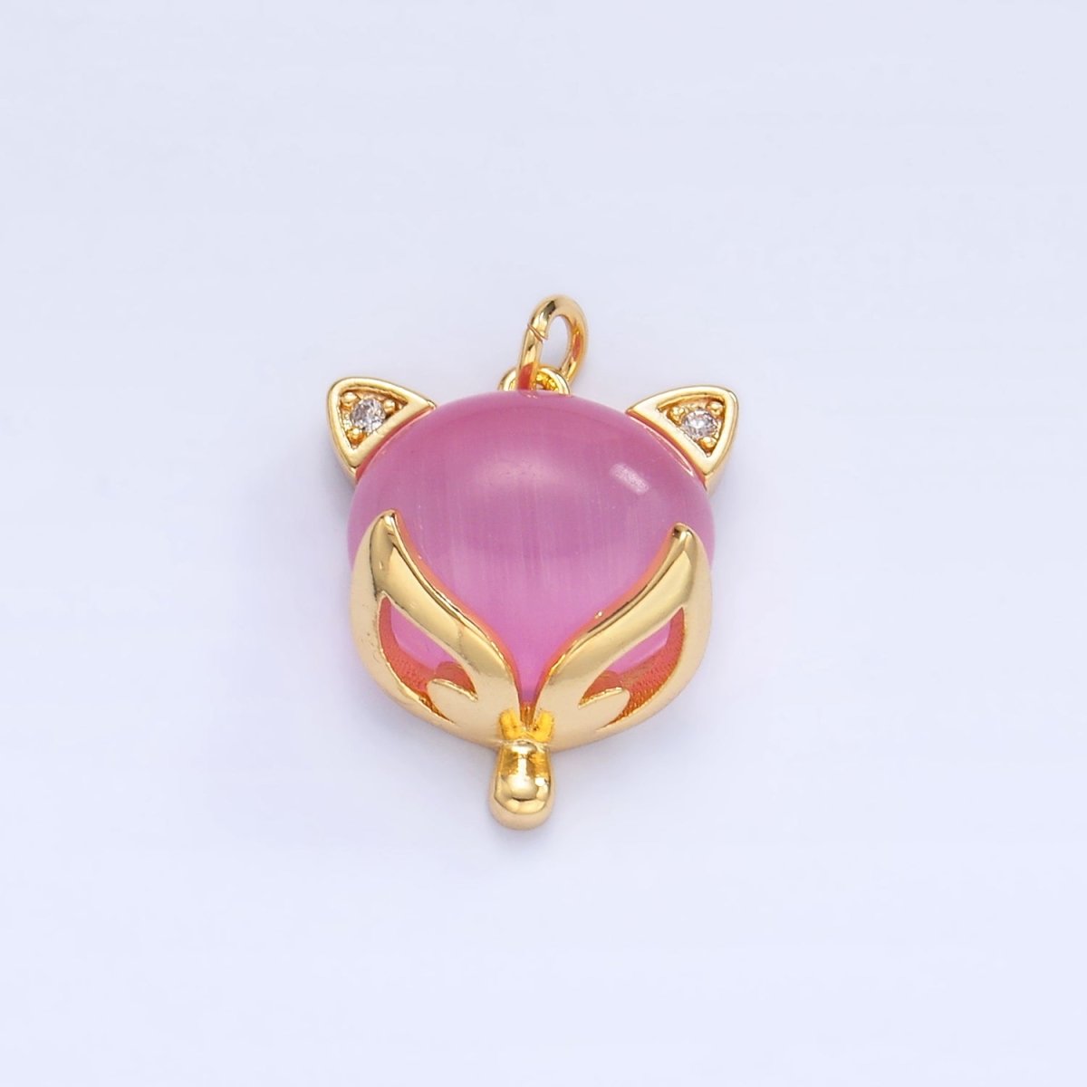 24K Gold plated Red, Pink Cats Eye Gemstone Micro Paved CZ Cat Charm | W108