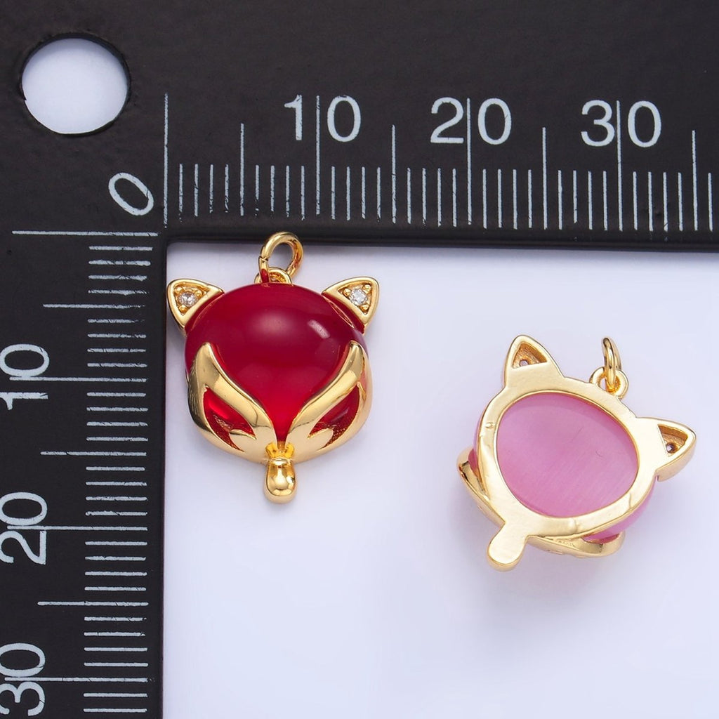 24K Gold plated Red, Pink Cats Eye Gemstone Micro Paved CZ Cat Charm | W108