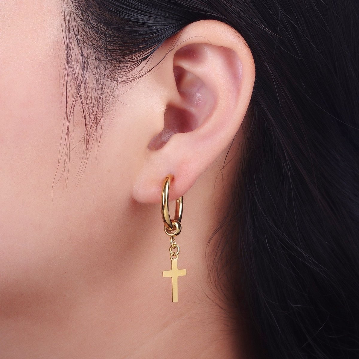 24K Gold plated Religious Cross 18mm Huggie Drop Earrings Hoops | Y-177 - DLUXCA