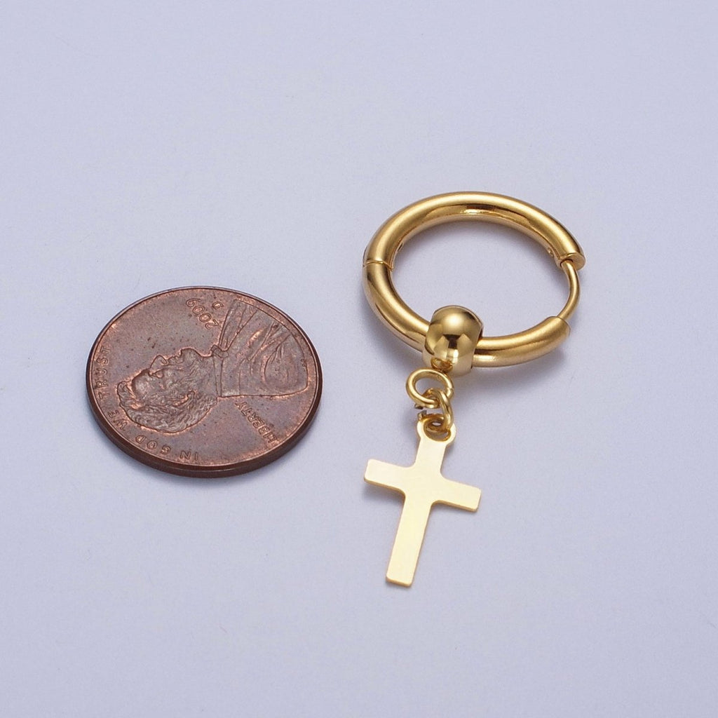 24K Gold plated Religious Cross 18mm Huggie Drop Earrings Hoops | Y-177 - DLUXCA
