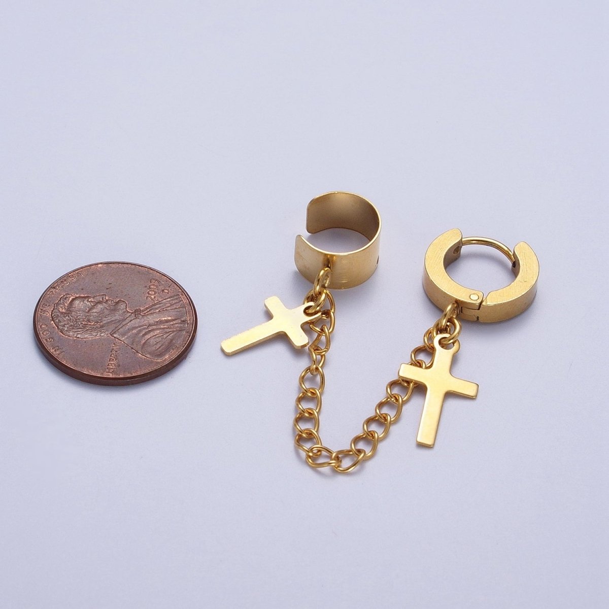 24K Gold plated Religious Cross Chain Linked Huggie & Ear Cuff | Y-175 - DLUXCA