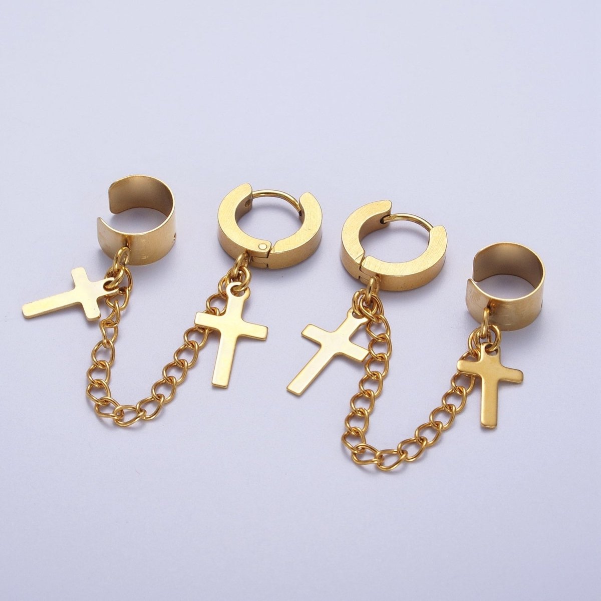 24K Gold plated Religious Cross Chain Linked Huggie & Ear Cuff | Y-175 - DLUXCA