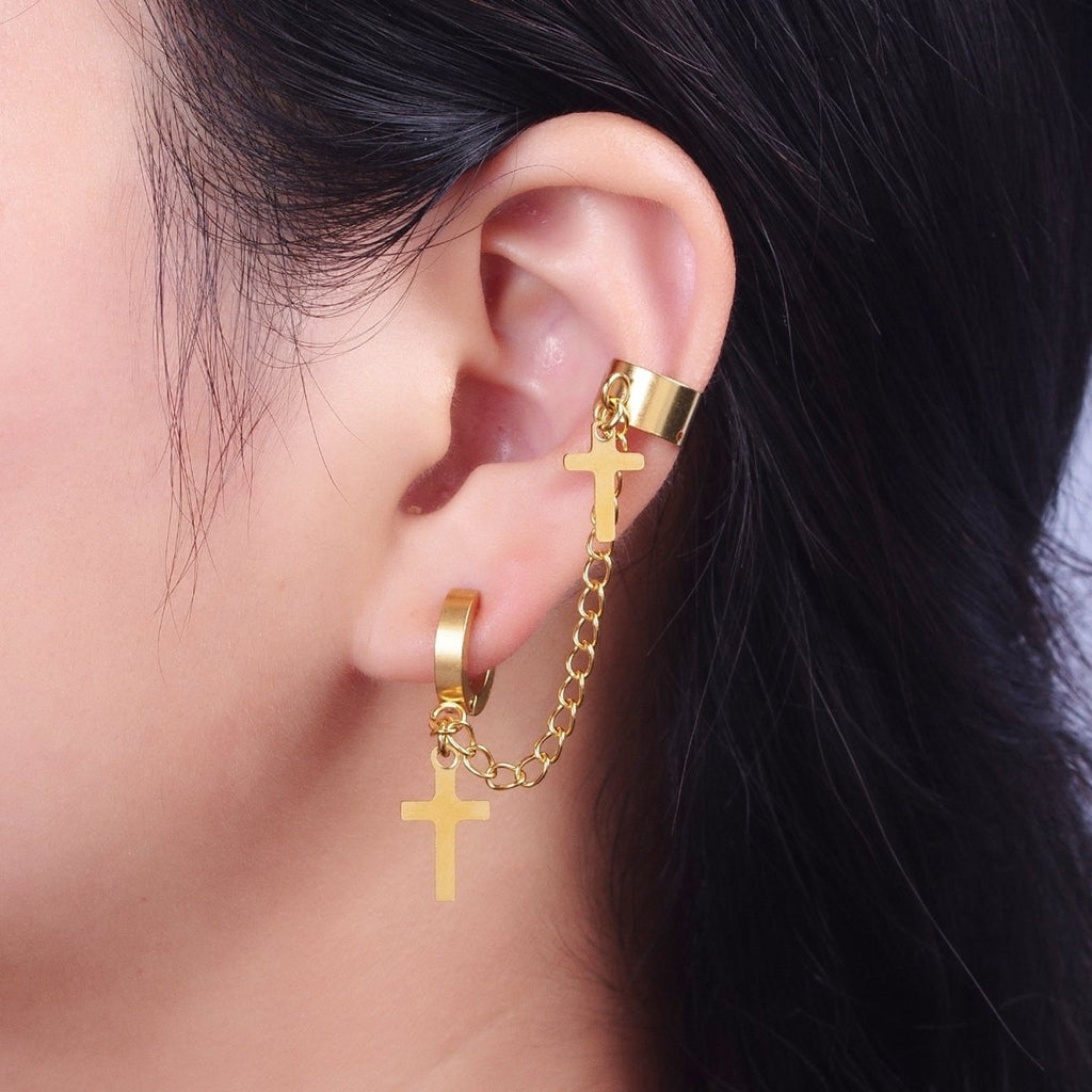 24K Gold plated Religious Cross Chain Linked Huggie & Ear Cuff | Y-175 - DLUXCA