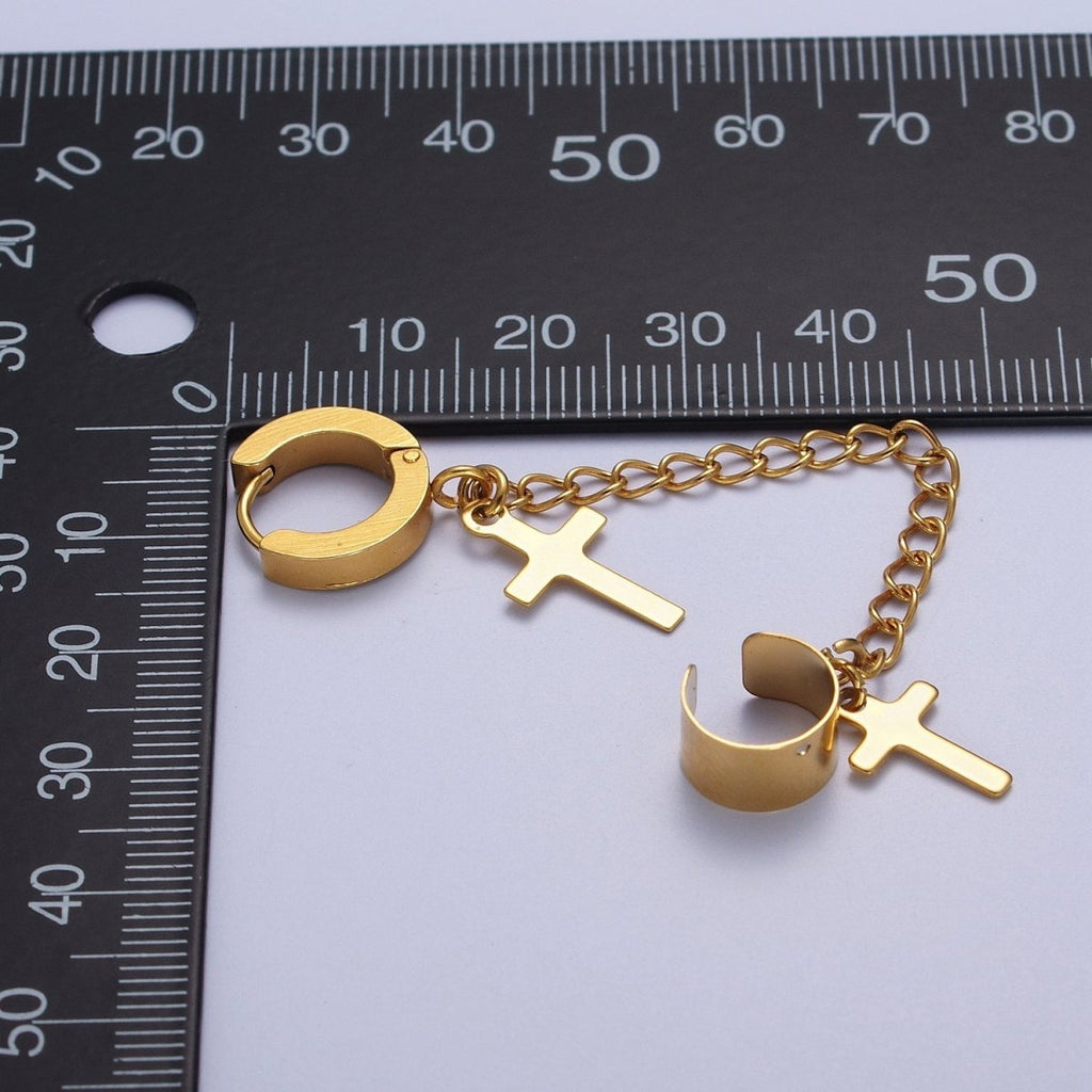 24K Gold plated Religious Cross Chain Linked Huggie & Ear Cuff | Y-175 - DLUXCA