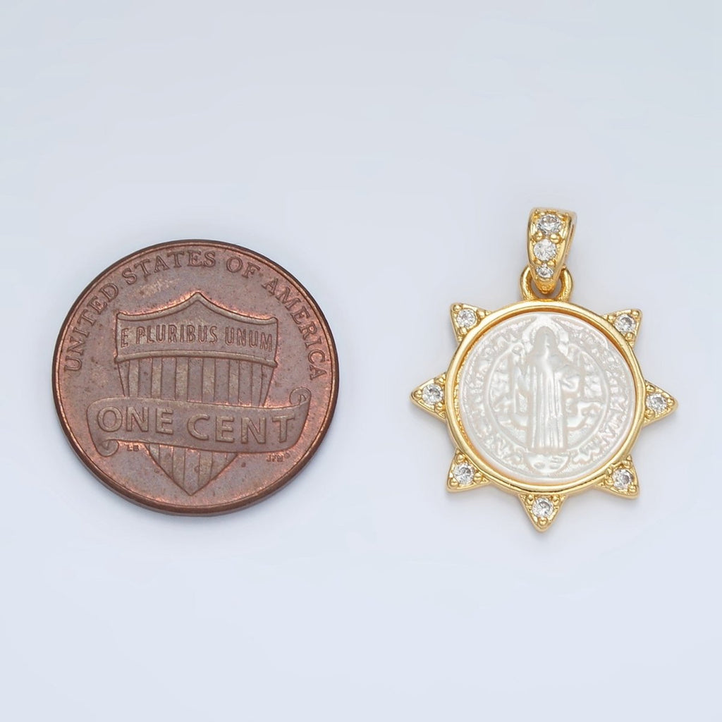 24K Gold plated Religious Figure Saint Benedict Micro Paved Shell Pearl Sun Pendant | AA1373 - DLUXCA