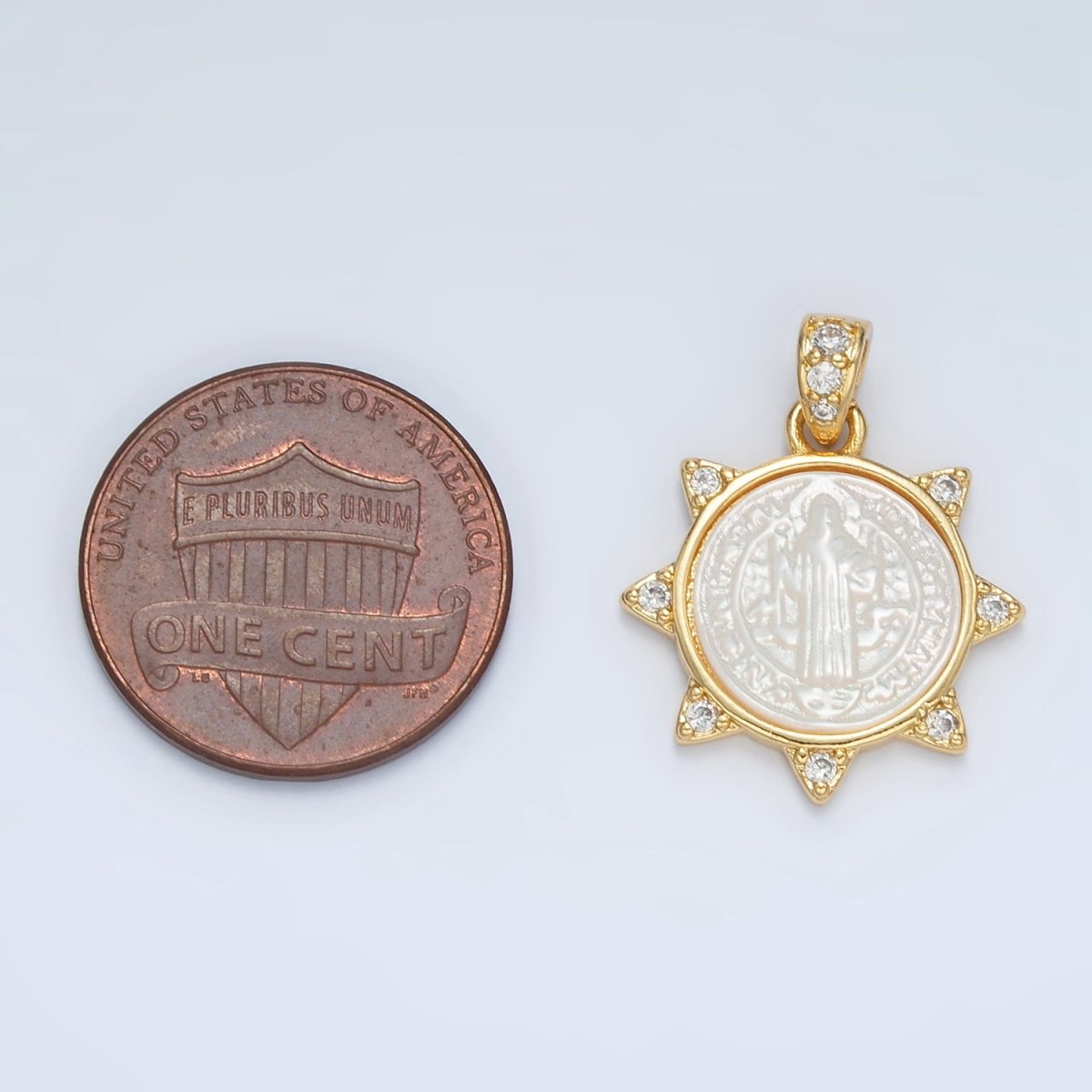 24K Gold plated Religious Figure Saint Benedict Micro Paved Shell Pearl Sun Pendant | AA1373 - DLUXCA