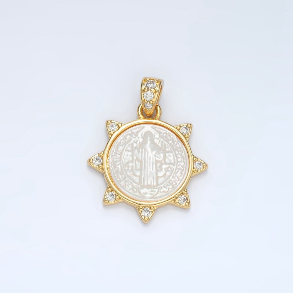 24K Gold plated Religious Figure Saint Benedict Micro Paved Shell Pearl Sun Pendant | AA1373 - DLUXCA