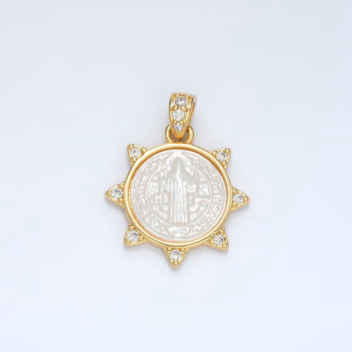 24K Gold plated Religious Figure Saint Benedict Micro Paved Shell Pearl Sun Pendant | AA1373 - DLUXCA