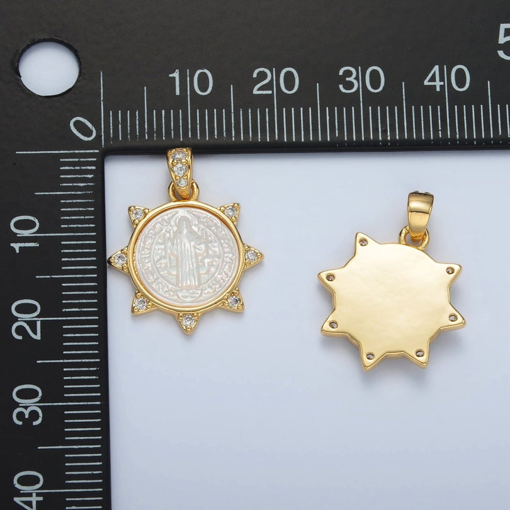 24K Gold plated Religious Figure Saint Benedict Micro Paved Shell Pearl Sun Pendant | AA1373 - DLUXCA
