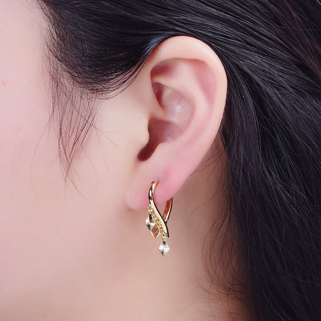24K Gold plated Rhombus Starburst Charm Dangle on Teardrop Huggie Hoop Earrings T-182 - DLUXCA