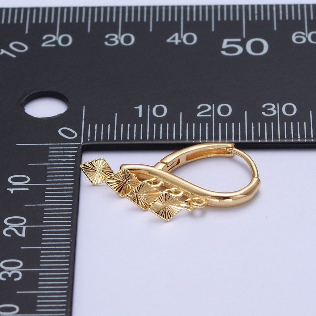 24K Gold plated Rhombus Starburst Charm Dangle on Teardrop Huggie Hoop Earrings T-182 - DLUXCA