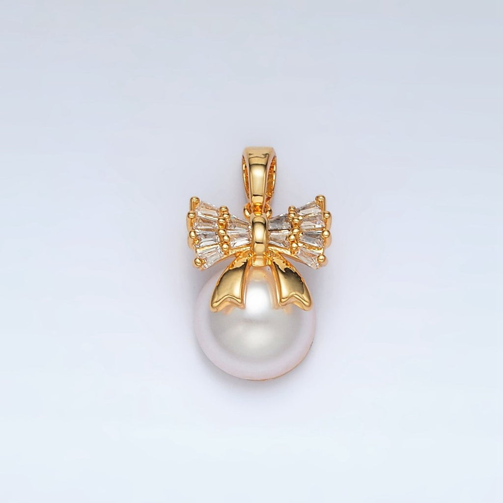 24K Gold plated Ribbon Bow Baguette CZ Pearl Pendant | AA1408 - DLUXCA