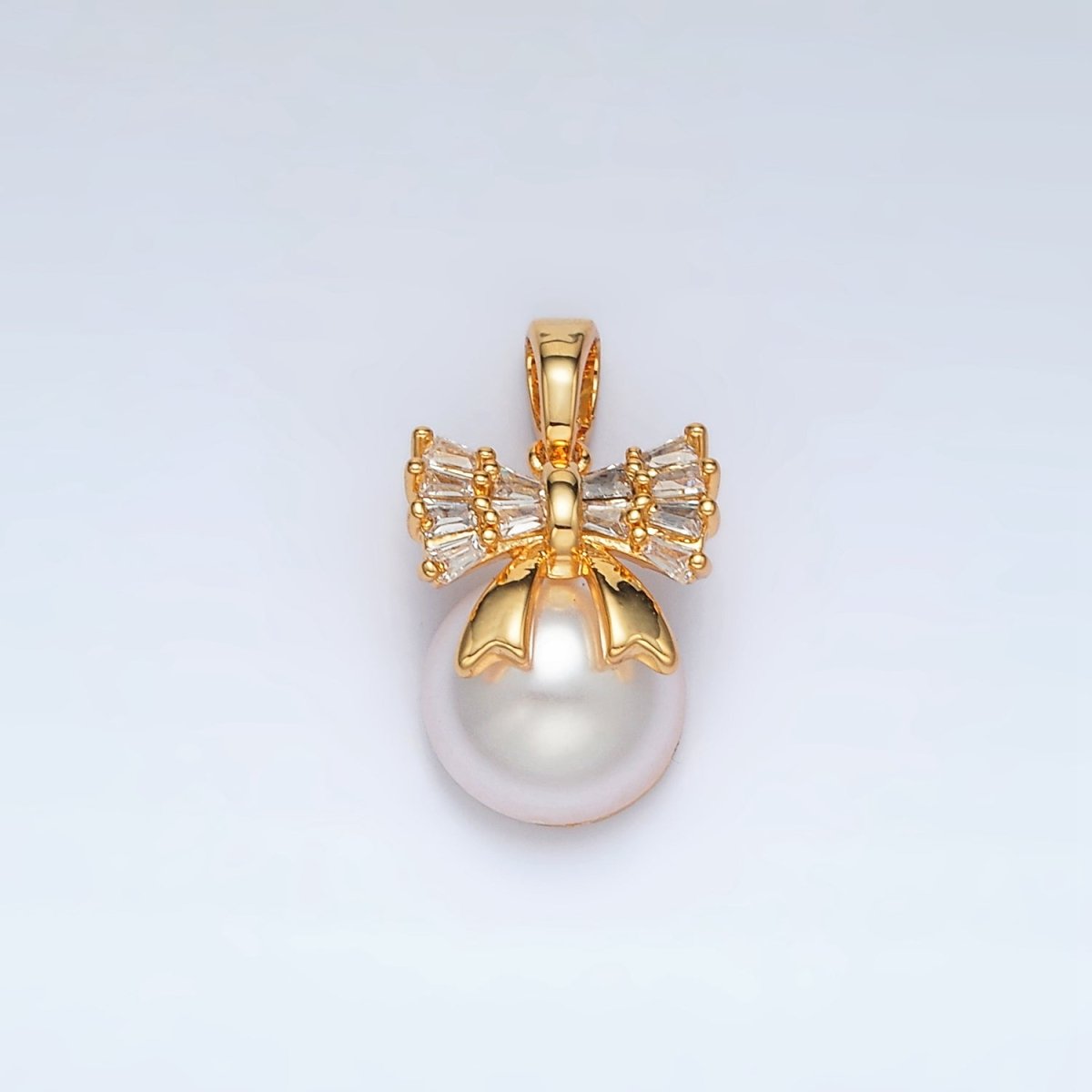24K Gold plated Ribbon Bow Baguette CZ Pearl Pendant | AA1408 - DLUXCA