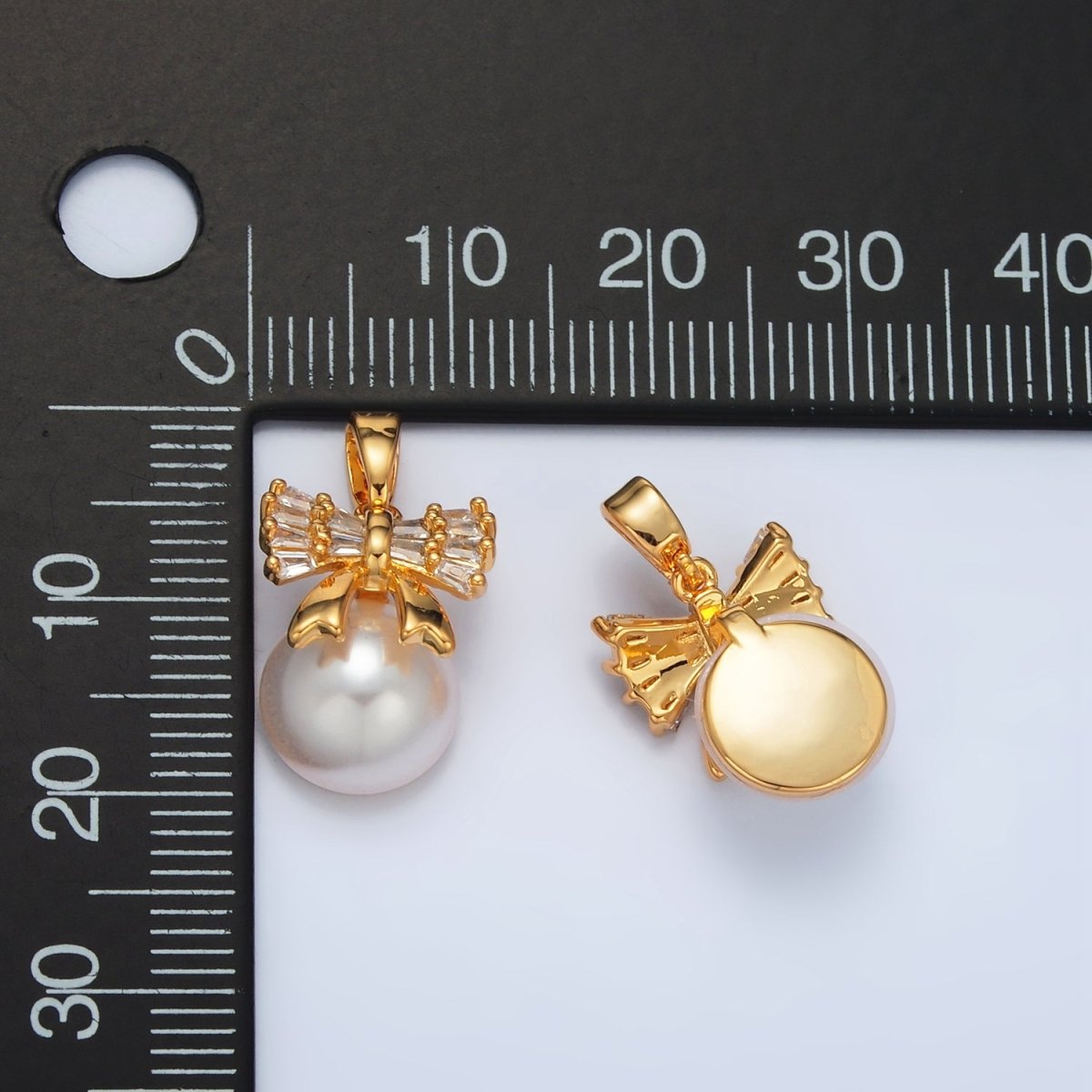 24K Gold plated Ribbon Bow Baguette CZ Pearl Pendant | AA1408 - DLUXCA