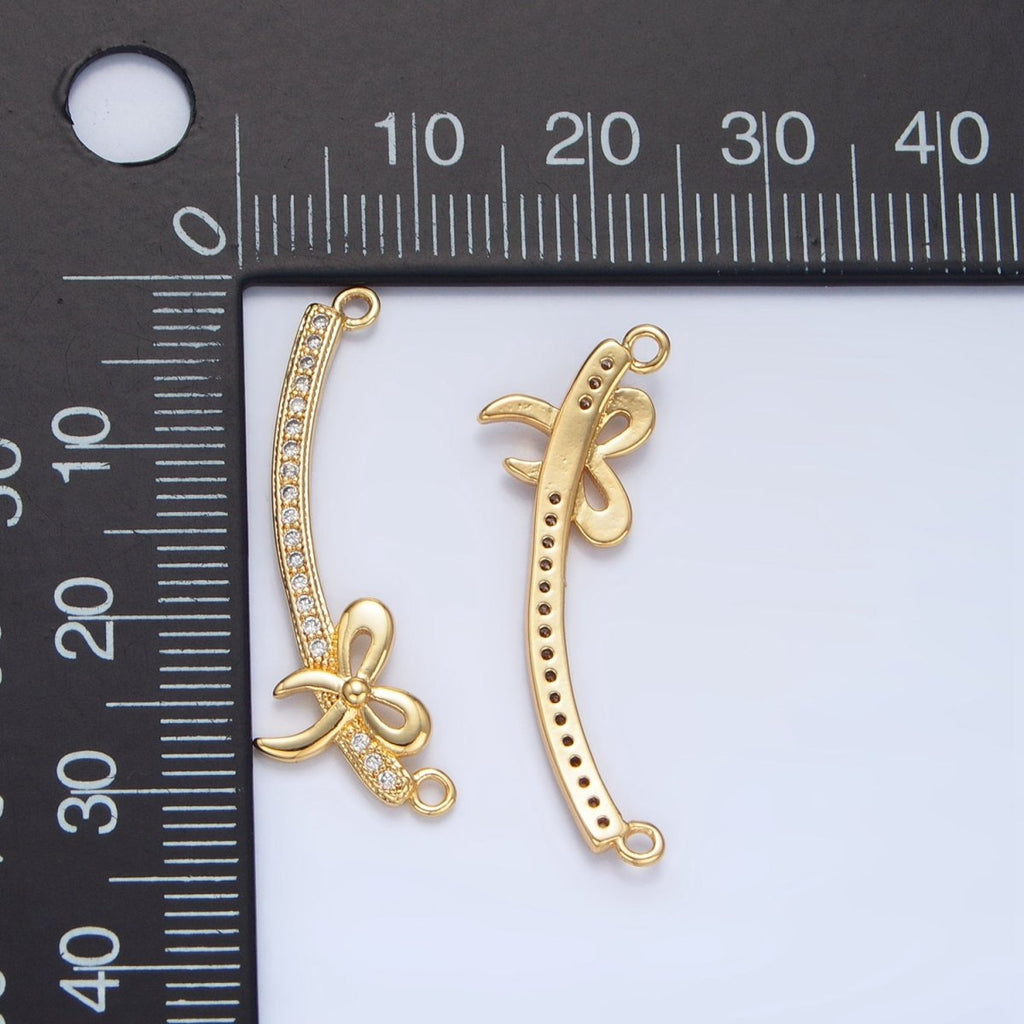 24K Gold plated Ribbon Bow Micro Paved CZ Curved Connector | F465 - DLUXCA