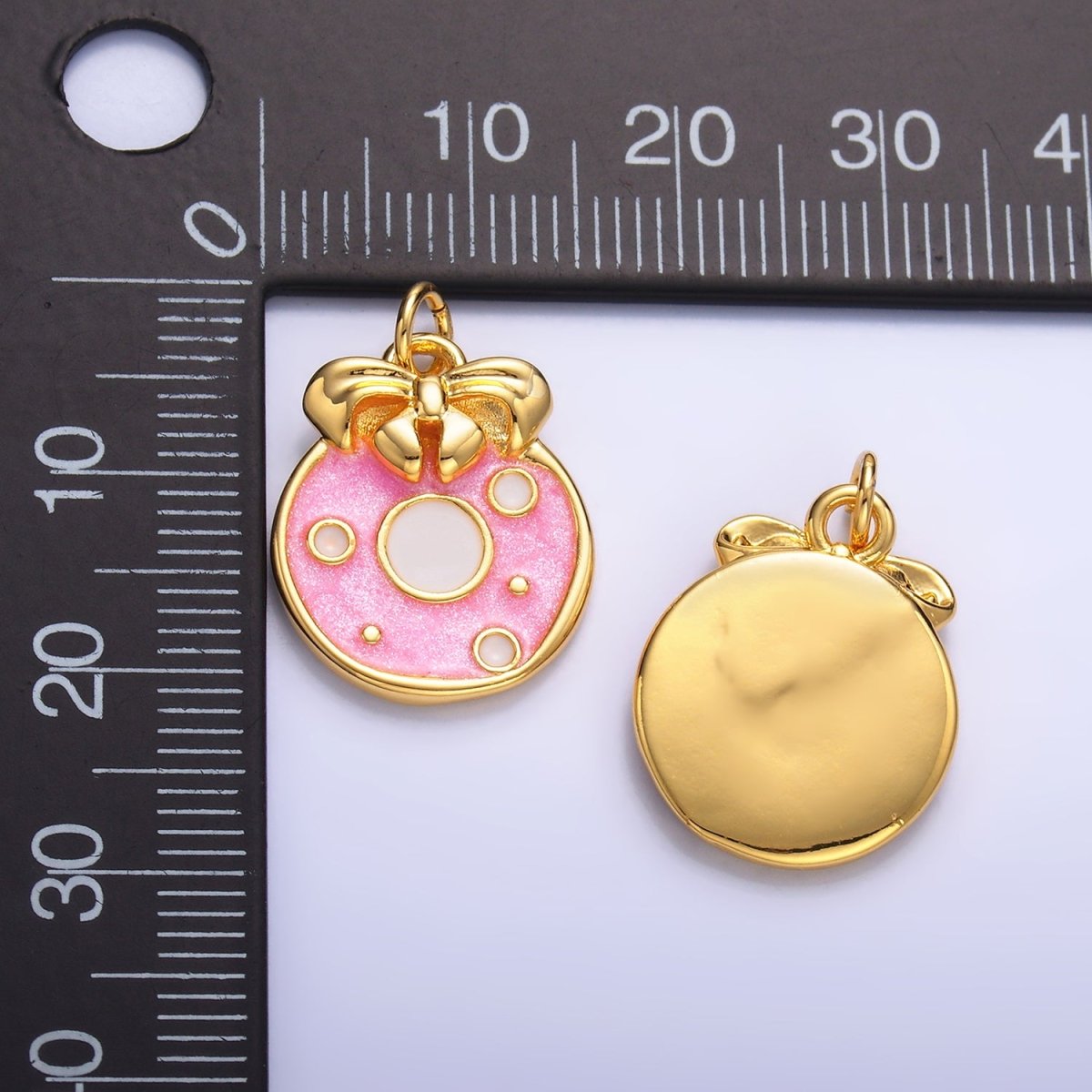24K Gold plated Ribbon Sweet Donut Pink Enamel Charm | W441 