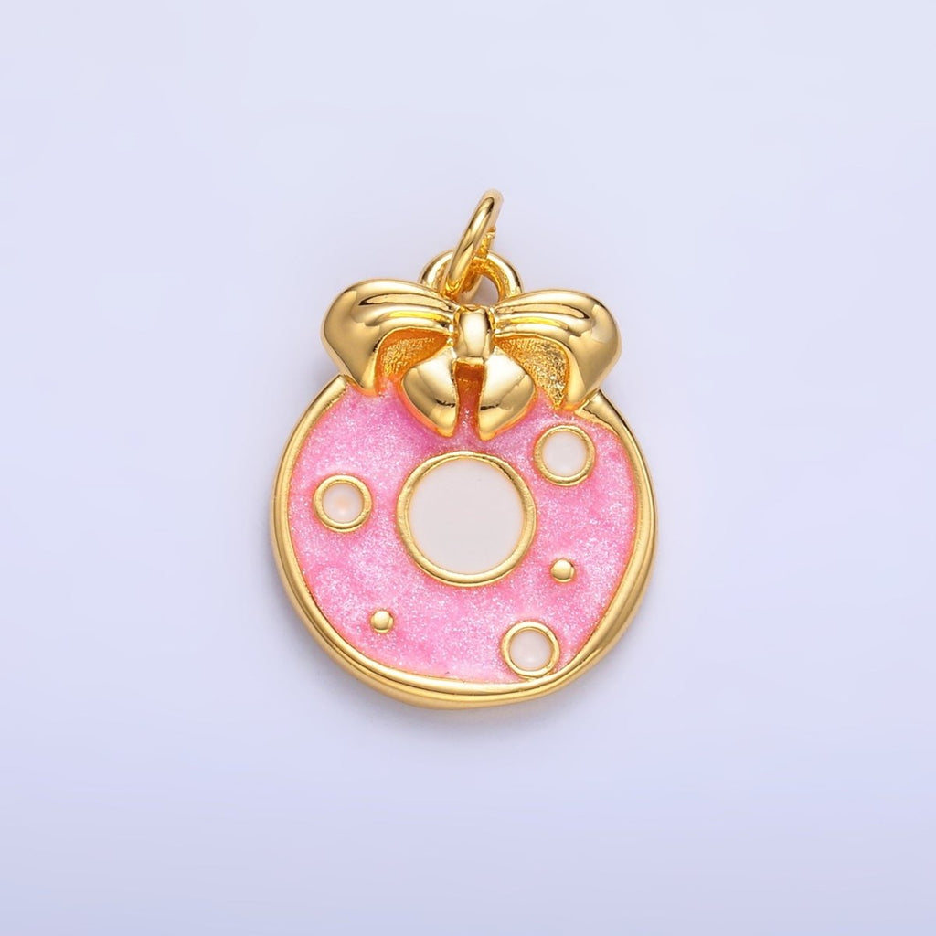 24K Gold plated Ribbon Sweet Donut Pink Enamel Charm | W441 