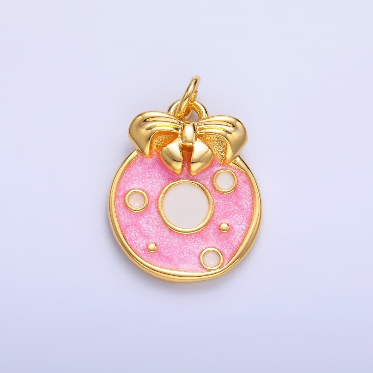 24K Gold plated Ribbon Sweet Donut Pink Enamel Charm | W441 