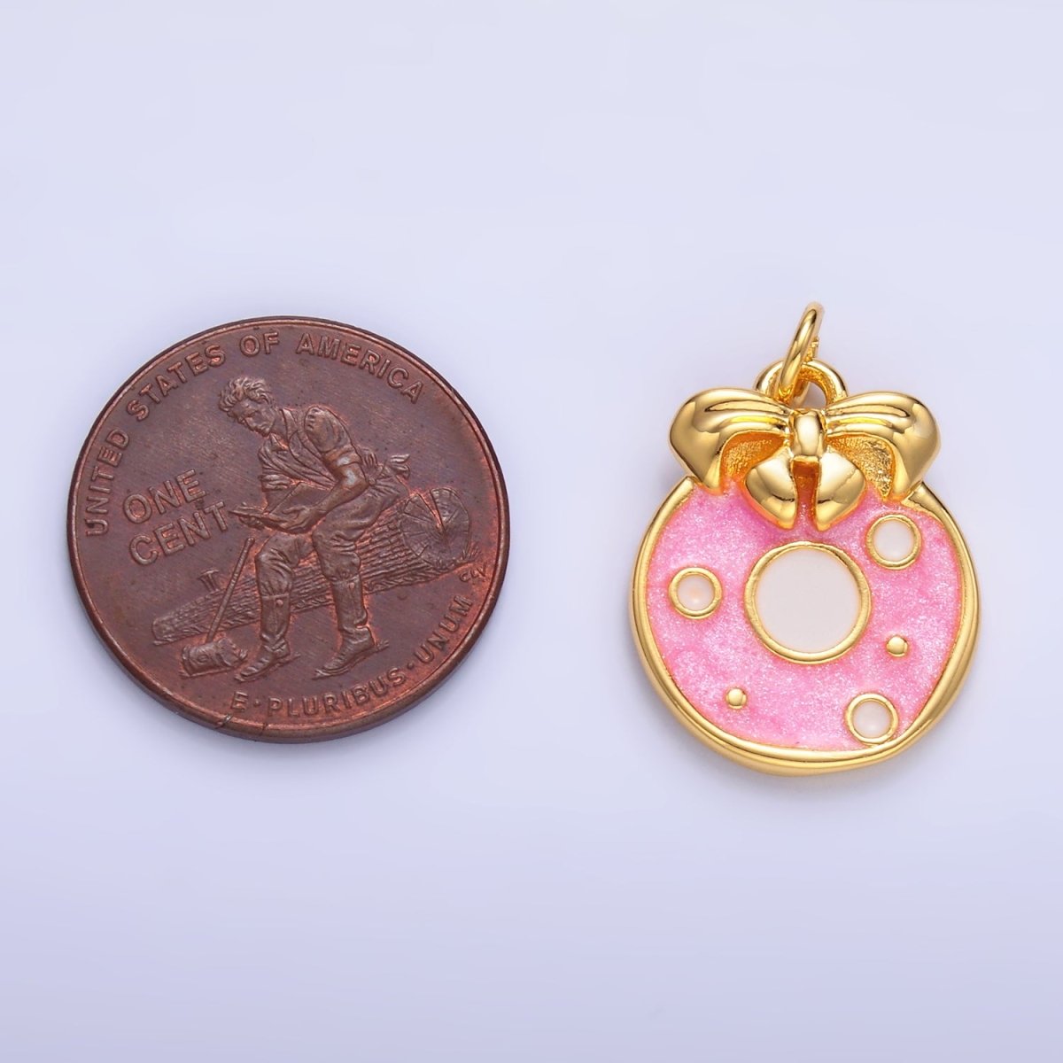 24K Gold plated Ribbon Sweet Donut Pink Enamel Charm | W441 