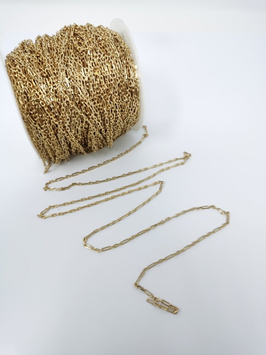 24K Gold plated Rolo Cable Chain by Yard, Gold plated Cable Rolo Chain by Yard, Wholesale Bulk Roll Chain For Jewelry Making, PAPER CLIP Chain | ROLL-043 Overstock Clearance Pricing - DLUXCA