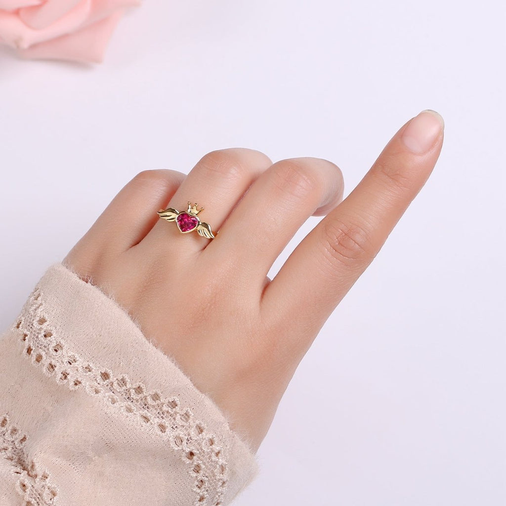 24K Gold plated Romantic Heart Love Wings Adjustable Ring - R-310-311 - DLUXCA