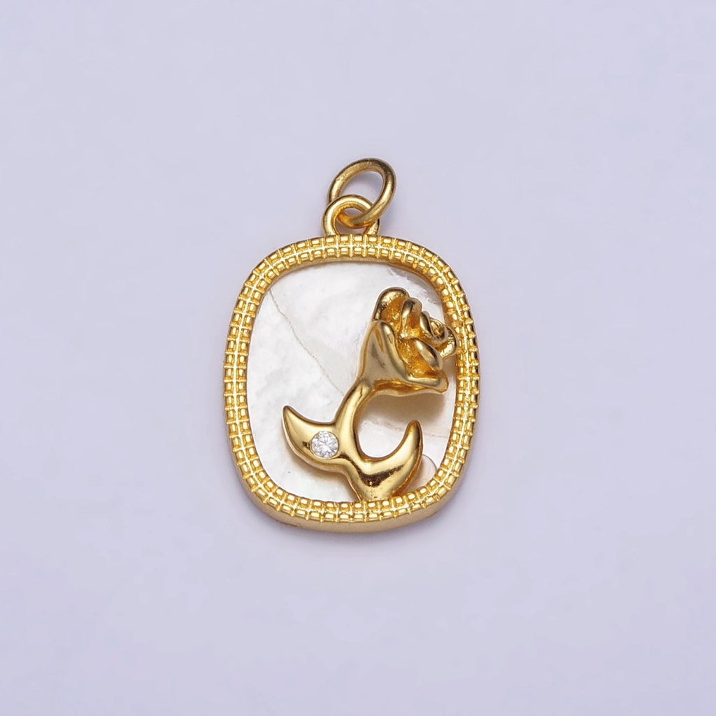 24K Gold plated Rose Flower CZ Shell Pearl Square Charm | AC1053 - DLUXCA